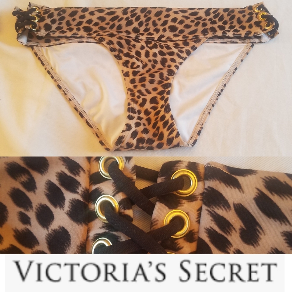 Victoria's Secret leopard print bikini swim bottoms side string detail sz small